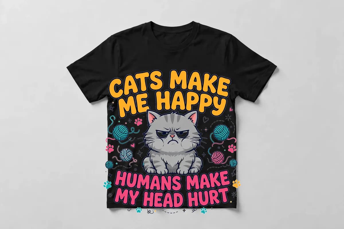 Cats Make Me Happy, Humans Make My Head Hurt T-Shirt in Black - front view