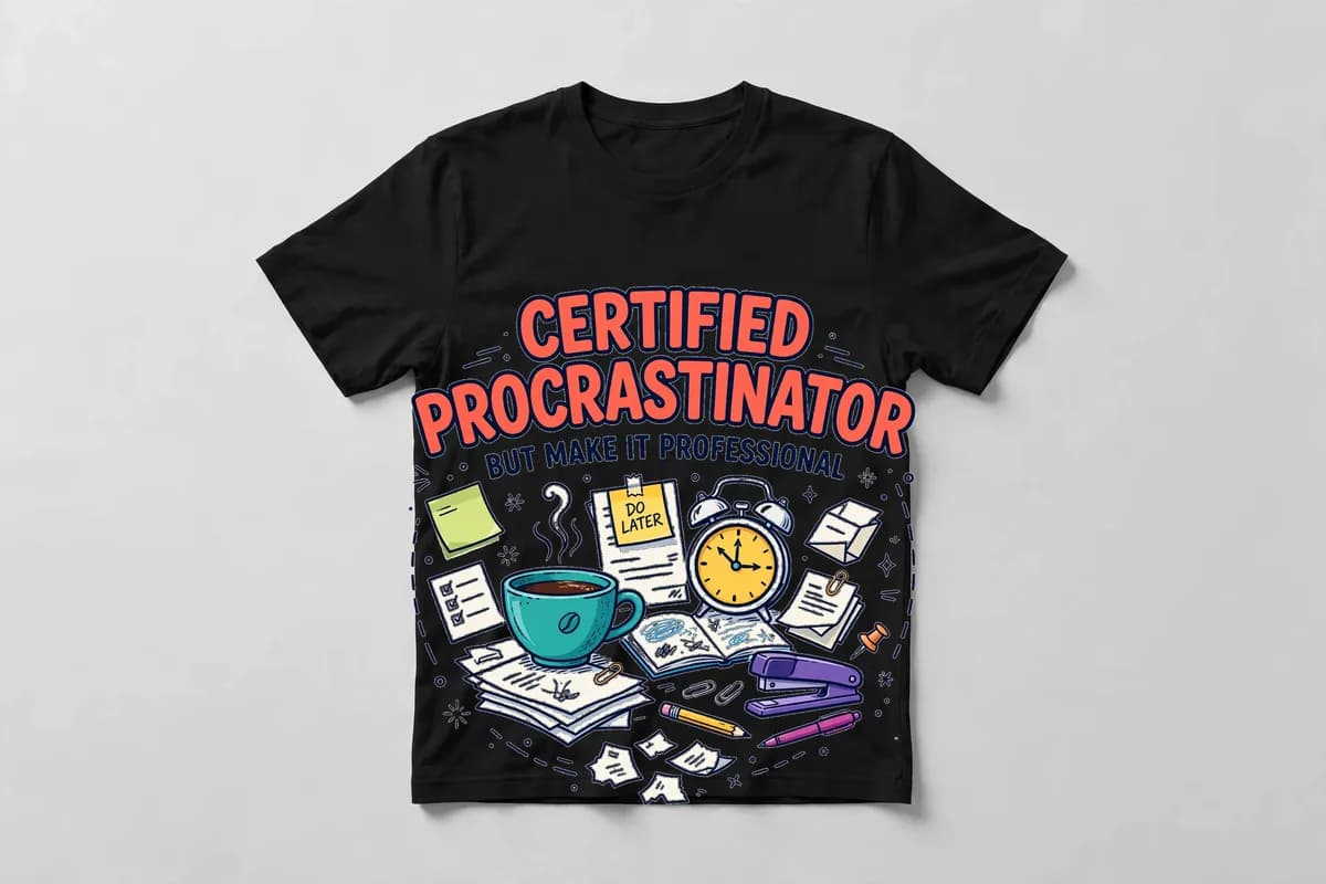 Certified Procrastinator T-Shirt in Black - front view