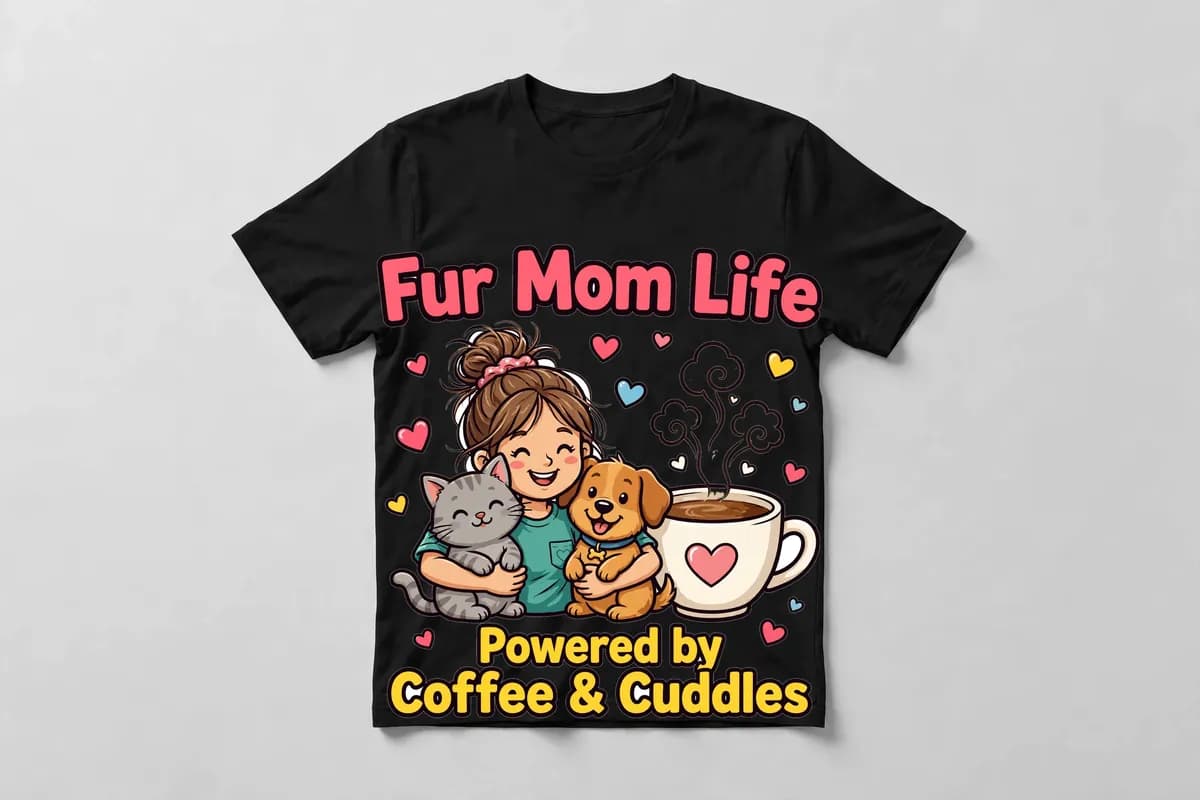 Fur Mom Life T-Shirt in Black - front view