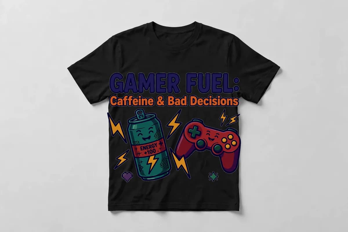 Gamer Fuel: Caffeine & Bad Decisions T-Shirt in Black - front view