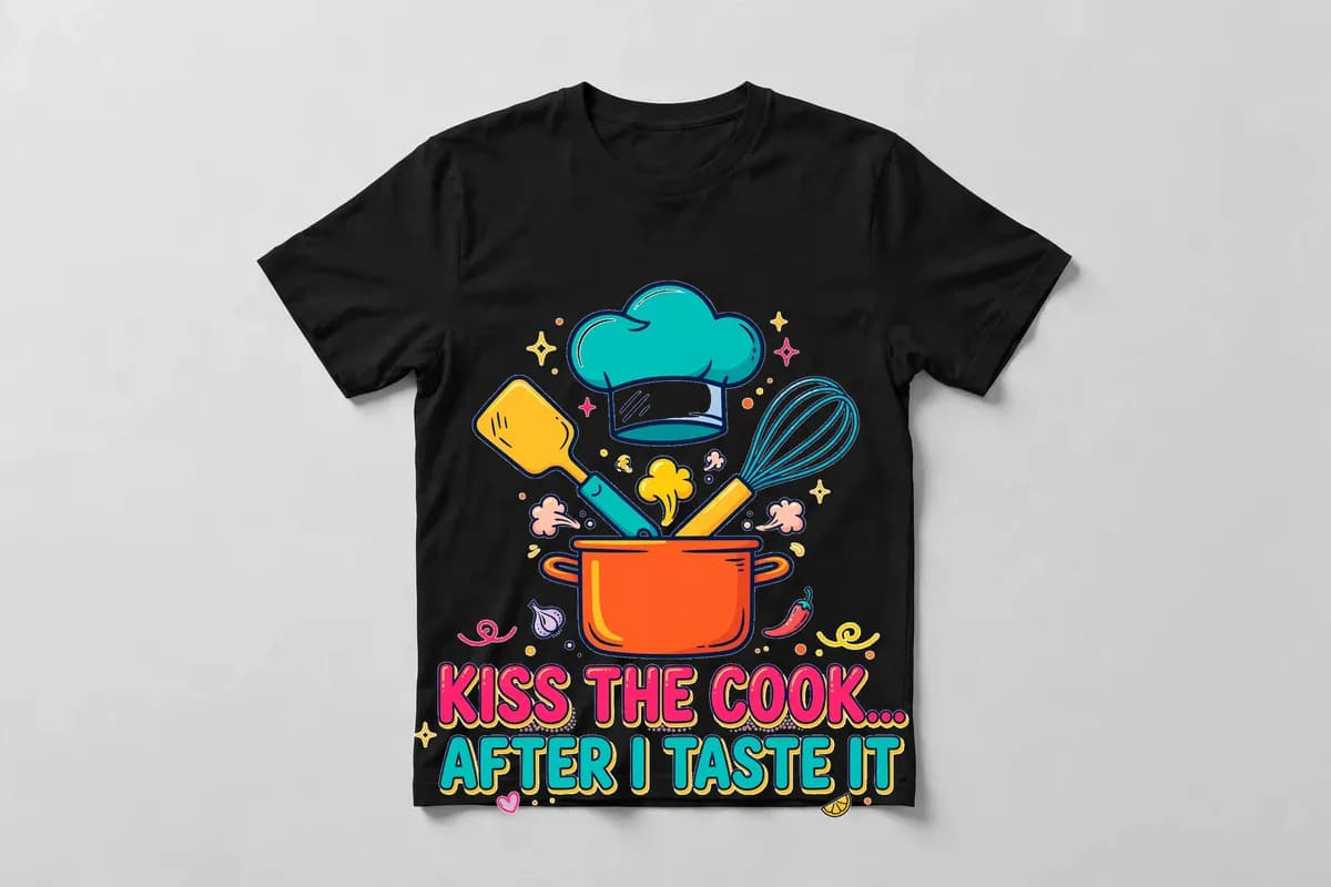 Kiss the Cook... After I Taste It T-Shirt in Black - front view