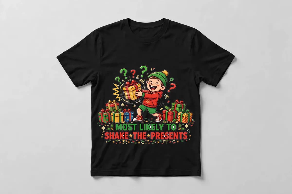 Most Likely To Shake the Presents T-Shirt in Black - front view