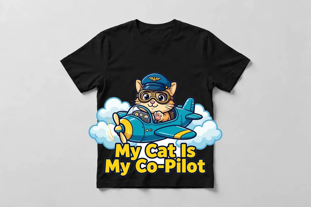My Cat Is My Co-Pilot T-Shirt in Black - front view