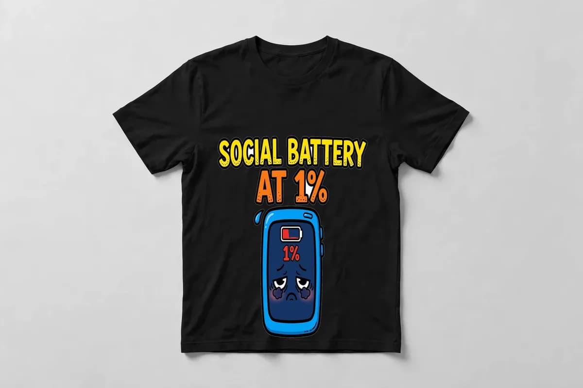 Social Battery at 1% T-Shirt in Black - front view