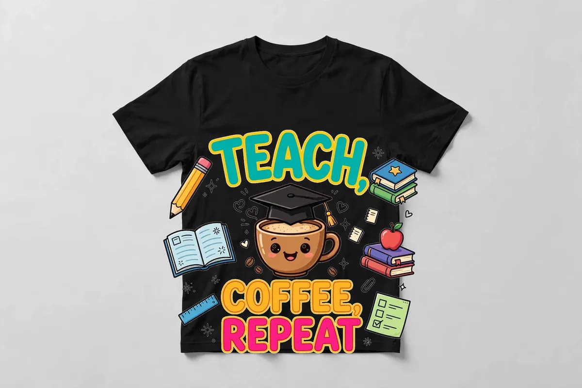 Teach, Coffee, Repeat T-Shirt in Black
