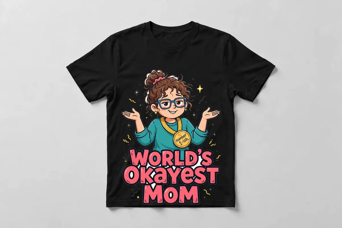 World's Okayest Mom T-Shirt in Black - front view