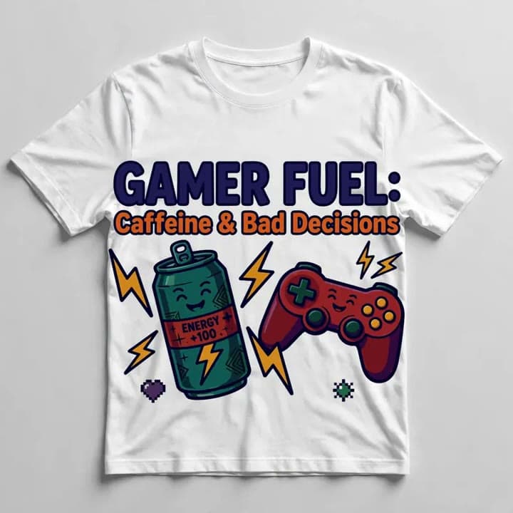 Gamer Fuel: Caffeine & Bad Decisions T-Shirt — video 1